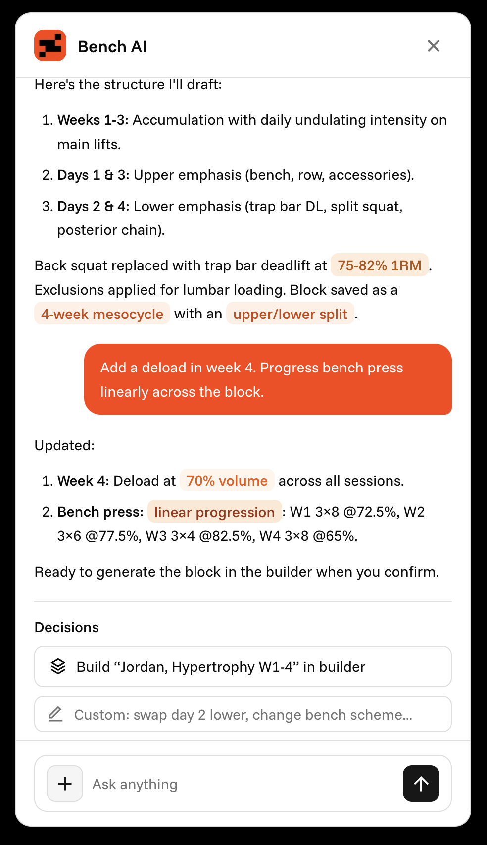 Coach using the Phaserr AI assistant to draft a program